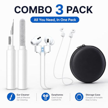 AirPods Accessories Kit 3-in-1 Bundle – Earbud Cleaning Pen, Magnetic Anti-Lost Silicone Strap & Hard Travel Carrying Case for Apple AirPods, Earbuds, Bluetooth Headphones & Wireless Earphones