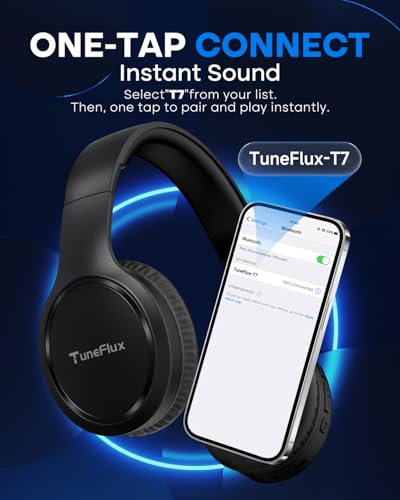 TuneFlux Bluetooth Headphones,70H Playtime Bluetooth 6.0 Wireless Headphones,3 EQ Music Modes Foldable Lightweight Over Ear Headset with Clear Call,HiFi Deep Bass for Home Office Travel (Black) - color: Black