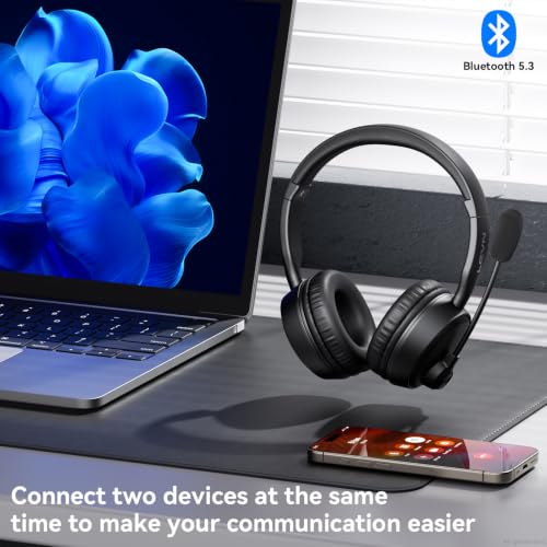Bluetooth Headset with Microphone, 60 Hrs Bluetooth Headphones with Mic, Wireless Headset with Mic for Work/Meetings/Office/iPhone/Phone Calls/Call Center/Computer/PC/Teams/Zoom/Podcast/Skype/WebEx