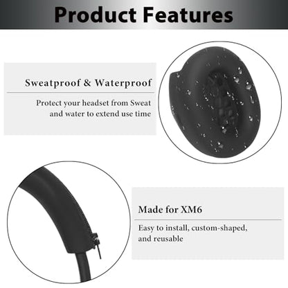 Adhiper XM6 Sweat Covers Accessories for Sony WH-1000XM6 - Black | Soft Silicone Case, 2-in-1 Headphone Cover with Earpad Covers & Headband Cover, Sweatproof & Easy to Clean & Secure Fit - color: Black