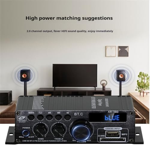 AK-380 블루투스 5.0 홈 오디오 앰프, 최대 400W+400W 2.0CH HiFi 스테레오, 12V 5A 전원 공급 장치, USB SD BT.C FM AUX 포함 무선 수신기, 자동차 홈 바 차고용