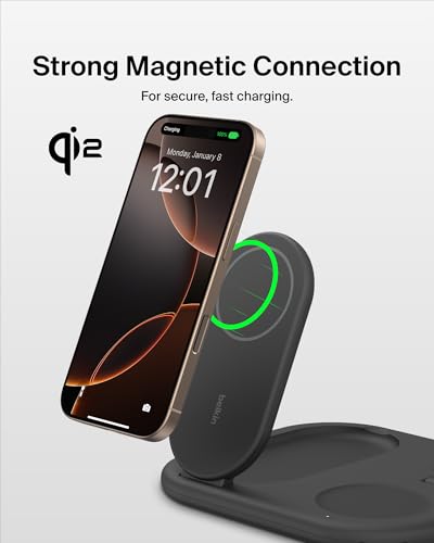 Belkin Qi2 Magnetic Wireless Charging Station, 3 in 1 Foldable Charger | MagSafe compatible, Apple Watch, AirPods, Qi2 certified, wireless charging station, travel stand - color: Black