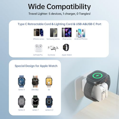 5-in-1 Retractable Apple Watch Charger, 35W Travel Wall Charger | Built-in 3.2ft USB-C, Older iPhone & Apple Watch Charging Cables, USB-A + USB-C Ports, Foldable Plug for Travel