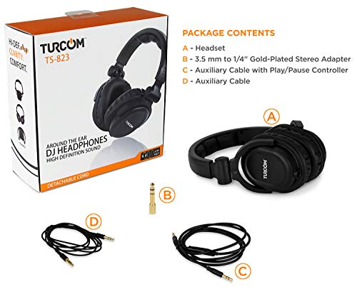 Turcom Over Ear Wired Gaming Headphones, DJ-Style Monitor Headphone, Stereo Studio Sound 50 mm drivers and 100 dB, Lightweight Adjustable Professional Headset with Microphone Auxiliary Cable (TS-823)