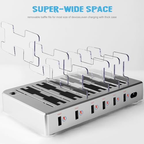 Charging Station for Multiple Devices, 6 Ports Multi Devices USB Charger Fast Cell Phone Charging Station for iPhone iPad Tablet (Silver, 6 Mixed Cables Included)