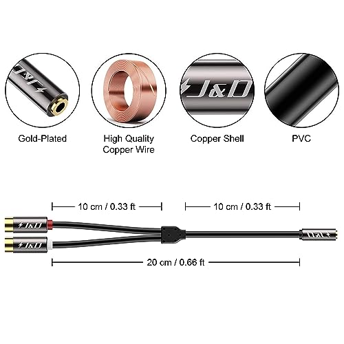 J&D 3.5 mm to 2 RCA Cable, Gold Plated Copper Shell Heavy Duty 3.5mm Female to 2RCA Female Stereo Audio RCA Cable Adapter, 0.65 Feet