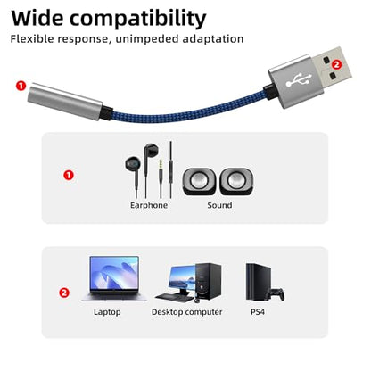 USB to 3.5mm Jack Audio Adapter Aux Headphone Interface Male Plug PC Sound External Phone Car Microphone Computer Splitter Headset Input Adaptor Port for iPhone Cable Compatible for Samsung