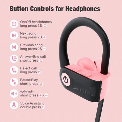 Boean Bluetooth Headphones, Wireless Earbuds with 16 Hours Bluetooth 5.3 Wireless Headphones HD Deep Bass Stereo IPX7 Waterproof Earphones for Sports Headset AI Music Generation - color: Pink