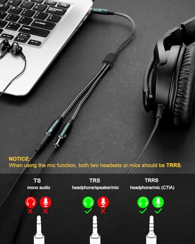Headphone Splitter for 2 Headphones, TRRS 3.5mm Male to 2 Female Audio Jack Splitter Adapter Compatible with Two Headsets or Microphones to PC, Laptop, Smartphones, PS4, PS5, Xbox - 1 FT - size: 1 Feet