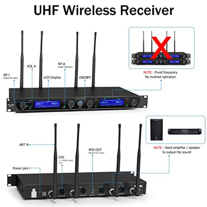 MicrocKing Wireless Microphone System 4 Bodypacks for Church Stage Class | UHF fixed, 400ft, 4 bodypacks (lav/head/lapel) for concert/class/church - style: 4 Bodypack mics