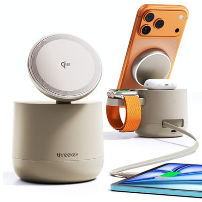 4 in 1 Qi2 Magnetic Wireless Charging Station, 15W Fast Charger with Made for Apple Watch Charging Module, for iPhone 17–12 Series & AirPods, 65W Adapter Included - color: Sand