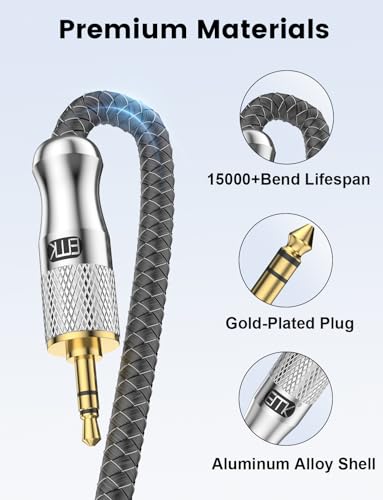 EMK Premium 1/8" to 1/4" (3.5mm to 6.35mm) TRS Stereo Cable - Nylon Braided Male to Male Adapter for Guitar, Keyboards, Amps & Studio Gear (2Ft/0.6M) - Gold-Plated, Noise-Free - size: 2 Feet, style: 1/8 to 1/4 Stereo Cable