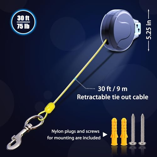 30ft Wall Mount Retractable Dog Tie Out Cable for Small to Large Dogs Between 20-75 lbs, Patented Retractable Dog Lead Great for Yard/Garden - Durable for 70,000 Cycles (Black, 30ft) - color: Black