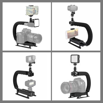 PULUZ U/C Shape Video Action Stabilizing Handle Grip Handheld Stabilizer Kit with Phone Clamp + LED Studio Light for Canon Sony Nikon Cameras and Home DV Camera Smartphones - style: stabilizer kits 2