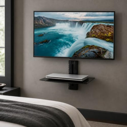 Mount-It! Floating TV Shelf, Tempered Glass, Aluminum Frame, Black - style: 1-shelf