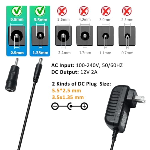 DCHAV 12V 2A Power Supply 5.5mmx2.5mm and 3.5mmx1.35mm Tip AC to DC Adapter 100-240V to 12vdc Power Cord 4ft 12 Volt 2amp 24W 5.5x2.5mm 3.5x1.35mm for CCTV Camera LED Light Router (Not 5.5x2.1mm) - size: 12V2A
