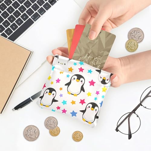 Leather Waterproof Portable No Zipper Purse, Coin Pocket Pouch Change Holder, Small Storage Bag for Men Women Headset Credit Card ID Key Lipstick, (Cute Penguins)