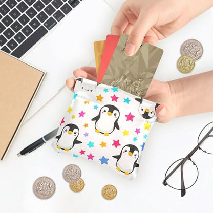 Leather Waterproof Portable No Zipper Purse, Coin Pocket Pouch Change Holder, Small Storage Bag for Men Women Headset Credit Card ID Key Lipstick, (Cute Penguins)