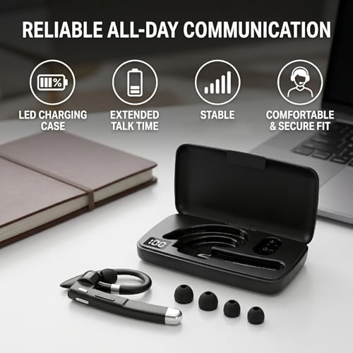 Wireless Headset Single Ear Earpiece with Noise Cancelling Mic IPX7 180H Standby 10H Talk Time Charging Case LED Display for Trucker Driver Bus (Bluetooth Headset)