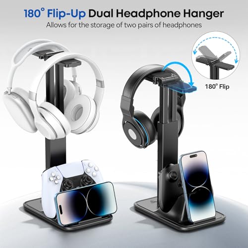 Height Adjustable Dual Headphone Stand, 360° Rotatable Gaming Headset Holder with Controller & Phone Stand, All-in-One Desk Organizer for PS5/Xbox/Switch Controllers/iPad, Desktop Game Accessories
