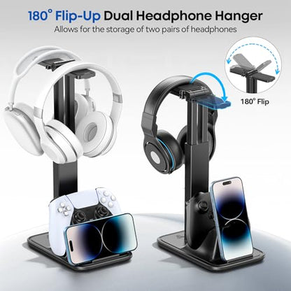 Height Adjustable Dual Headphone Stand, 360° Rotatable Gaming Headset Holder with Controller & Phone Stand, All-in-One Desk Organizer for PS5/Xbox/Switch Controllers/iPad, Desktop Game Accessories