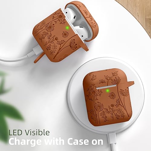 Lerobo for AirPod Case 2nd/1st Generation with Keychain | Soft Silicone Flower Engraved Shockproof Cover for AirPods 2 Case, Wireless Charging, Scratchproof, One-piece Design, Brown - color: Brown