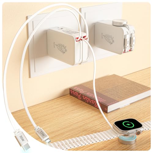 5-in-1 Retractable Apple Watch Charger, 35W Travel Wall Charger | Built-in 3.2ft USB-C, Older iPhone & Apple Watch Charging Cables, USB-A + USB-C Ports, Foldable Plug for Travel