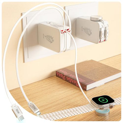 5-in-1 Retractable Apple Watch Charger, 35W Travel Wall Charger | Built-in 3.2ft USB-C, Older iPhone & Apple Watch Charging Cables, USB-A + USB-C Ports, Foldable Plug for Travel