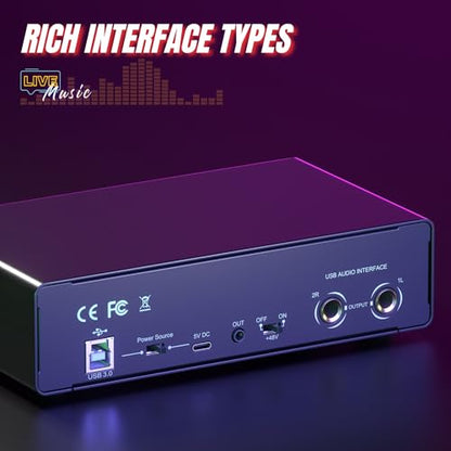 2X2 USB Audio Interface for PC Mac Laptop, 24Bit 192kHz for Computer Recording, Guitar, Streaming, Podcasting, with 48V Phantom Power, XLR TSR TS Ports