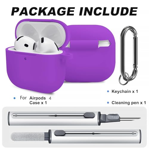 Silicone Case Cover for AirPods 4th Gen, Soft Skin, Full Protection, Keychain, Cleaner Kit (Purple) - color: B2-Purple