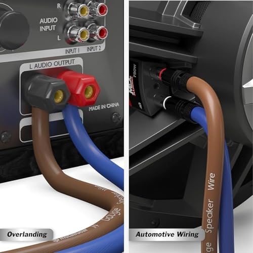 100ft 14 Gauge Speaker Wire with 12 Banana Plugs - Copper Clad Aluminum Cable for Clear Audio Sound - Easy-Install Car Speaker Wire and Home Theater Setup with Blue Black Jacket - size: 14 Gauge (CCA) - 100 Ft