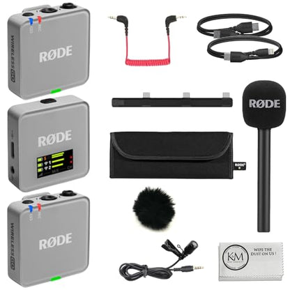 RØDE Wireless GO (Gen 3) 2-Person Compact Digital Wireless Microphone System/Recorder | 2.4 GHz, Stone Bundle with GO Handheld Mic Adapter + Lavalier Microphone + Furry Windscreen + Cloth (5 Items) - color: Stone