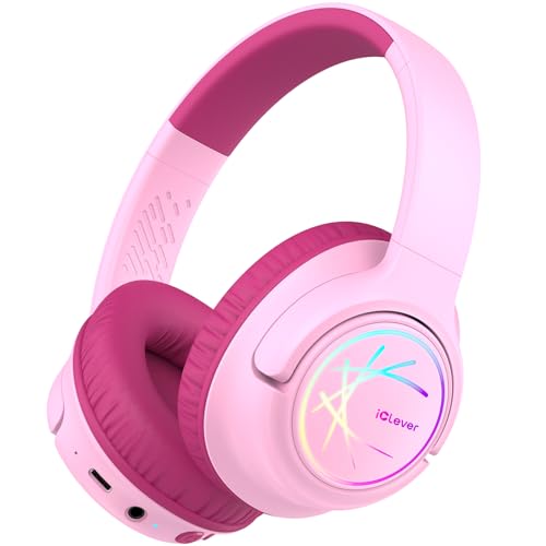 iClever BTH18 Kids Bluetooth Headphones LED Lights for Toddler Boys Girls | SafeSound Tech, 43H Playtime Stereo Sound, USB C Charging AUX Cable, Over Ear Kids Headphones Wireless for iPad/Tablet/Travel - color: A-Blossom Pink