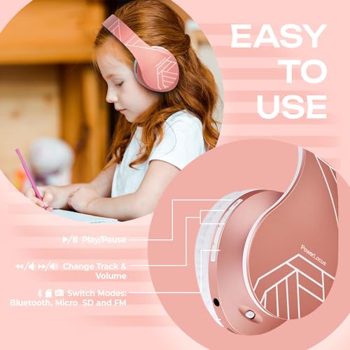 PowerLocus Kids Headphones Over-Ear, Bluetooth Wireless Headphones for Kids,with Microphone, Safe 85DB Volume Limited, Foldable with Carry Case, Audio Cable, Micro SD mode for Online Classes,PC,Phones - color: Upgrade Rose Gold