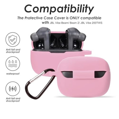 Silicone Case for JBL Vibe Beam 2, JBL Vibe Beam, JBL Vibe 200TWS True Wireless Headphones, Premium Shockproof Case Cover with Carabiner. (Pink) - color: Pink