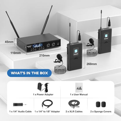 Gimkuls Wireless Lavalier Microphone System, Dual UHF Cordless Lapel Mic Set with 2 Bodypacks, 200 Channels, 328ft Range, XLR/6.35mm Outputs for Church, Speaking, Teaching, Interview