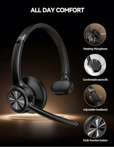 TECKNET Trucker Bluetooth Headset, Wireless Headset with Mic for Work, V5.2 Bluetooth Headphones with AI Noise Cancelling Microphone, 60H Battery, On-Ear Headphones for Call Center, Office, Drivers