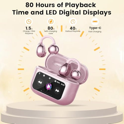 Clip On Ear Headphones, Open Ear Earbuds Wireless Bluetooth 5.4, Clip On Earbuds with LCD Touchscreen, Lightweight Comfort Open Ear Headphones for Pad Tablet Laptop Android/iOS Phones (Pink) - color: Pink