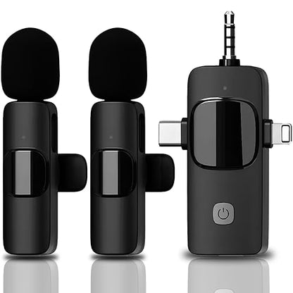 Wireless Lavalier Microphone Dual-Set, 3-in-1 Receiver (Lightning/USB-C/3.5 mm), 2 Clip-On Mics, 20 m Range, Plug-and-Play Audio for iPhone, Android, DSLR, YouTube & Zoom