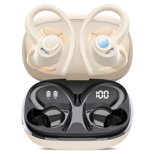 Wireless Earbuds, Bluetooth 5.4 Headphones Sport Over Ear Buds with ENC Mic | Noise Cancelling ,48H,Wireless Earphone With Earhooks, Stereo Deep Bass, IP7 Waterproof ear bud for Workout Running,Off White - color: Off White