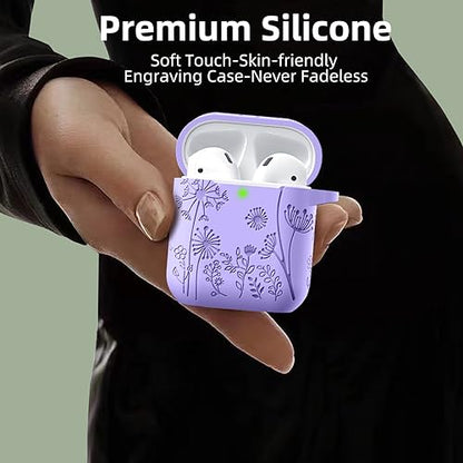Lerobo for AirPod Case 2nd/1st Generation with Keychain | Flower Engraved Silicone Protective Cover for AirPods 2 Case, Wireless Charging, Shockproof, One-piece Design, Bluish Violet - color: Bluish Violet