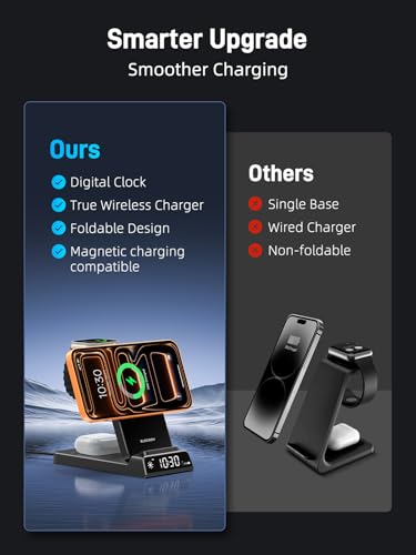 3 in 1 Charging Station for Apple,Travel Wireless Charger with Clock | ELECDOV Magnetic Charger for iPhone, Foldable Watch Charger Stand for iPhone 17/Air/16/15 Series, iWatch 10/AirPods 4 (Black) - color: Black