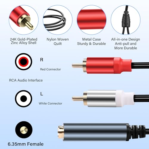6.35mm Stereo to 2RCA Audio Cable1/4 Inch Female to Dual RCA Male Audio Y Splitter Cable 1/4 inch TRS Jack to 2 RCA Plug Connector Wire Cord for Amplifier Microphone 30CM(2Pcs)