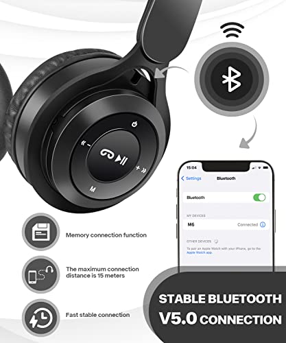 Kids Bluetooth Headphones, On Ear Wireless Headsets for Children with Built-in Microphone, Foldable Stereo Detachable Aux 3.5mm Cord, Kids Headphones for Boys Girls School iPad Tablet (Black)