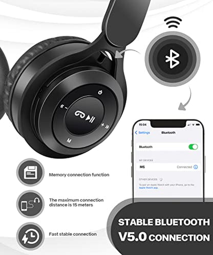 Kids Bluetooth Headphones, On Ear Wireless Headsets for Children with Built-in Microphone, Foldable Stereo Detachable Aux 3.5mm Cord, Kids Headphones for Boys Girls School iPad Tablet (Black)