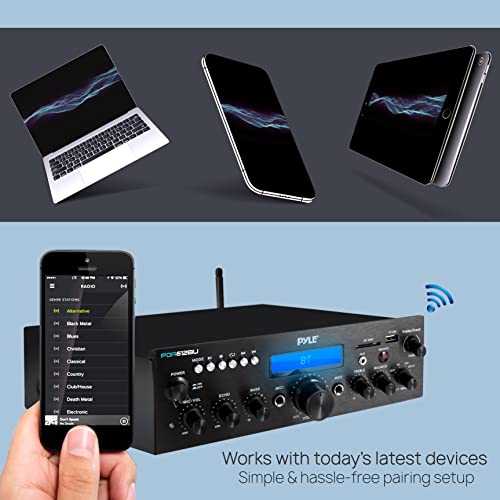 Pyle 200W Bluetooth Stereo Amplifier - Compact Desktop Power Amp Receiver with FM Radio, Karaoke Ready - Dual Mic Input with Echo, Digital LCD Display, RCA in/Out, USB-A Mp3 Player - Pyle PDA612BU