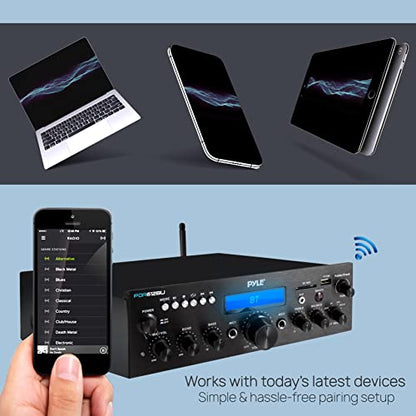 Pyle 200W Bluetooth Stereo Amplifier - Compact Desktop Power Amp Receiver with FM Radio, Karaoke Ready - Dual Mic Input with Echo, Digital LCD Display, RCA in/Out, USB-A Mp3 Player - Pyle PDA612BU