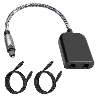 Digital Optical Adapter Splitter 1 in 2 Out, Toslink Digital Audio Fiber Optic Cable Splitter 1x2 for Soundbar, Headphones,TVs -with 2 Optical Audio Cables 6 Feet - color: Straight Plug