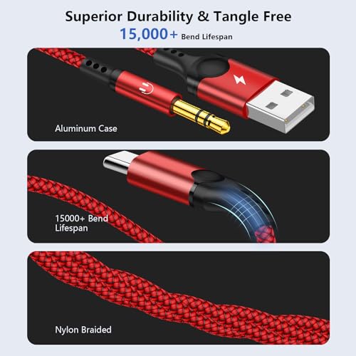 USB C to 3.5mm Aux Cable, 2 in 1 USB C to 3.5mm Car Stereo Aux Headphone Jack Cable with PD 18W Charging Compatible with iPhone 17/17Pro/16/16e/15 Pro Max, Galaxy S25/S24/S23/S22/S23FE, Pixel 9/8/7 - color: Red
