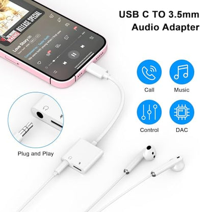 iPhone Headphone Adapter,[Apple MFi Certified] 2 Pack USB C to 3.5mm Headphone and Charger Adapter Type C to Aux Jack Dongle Cable with Fast Charging for iPhone 17/16/15/Pro Max/Plus Galaxy iPad